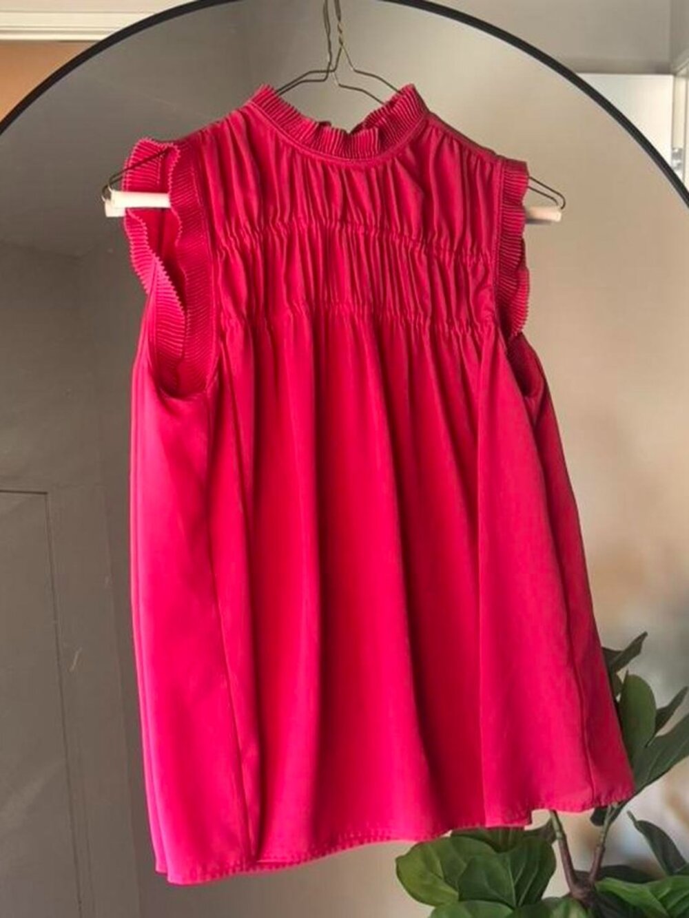 Max Studio Pink Ruffle Mock Neck Blouse – Smocked Sleeveless Top (Size S)